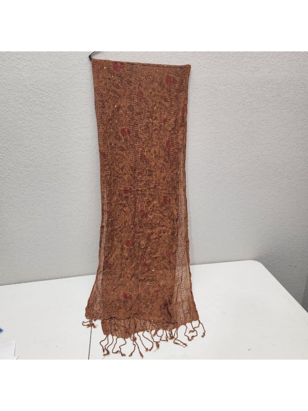 Lightweight Brown Paisley Sequin Scarf With Fringe Detail - Made In India - 100%